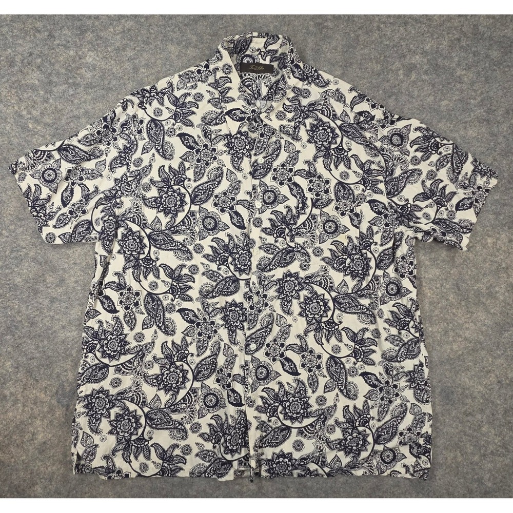 Tasso Elba Mens XXL Silk Linen Navy Blue Paisley Floral Short Sleeve Button Top